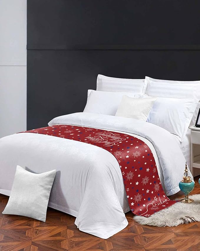 Independence Day Blue White Star Bed Runners for Bedroom Hotel,Decorative Bedding Scarf Freedom Celebration on Red Bed End Blanket Bedding Runner Scarves for Twin Size Bed,71x20in