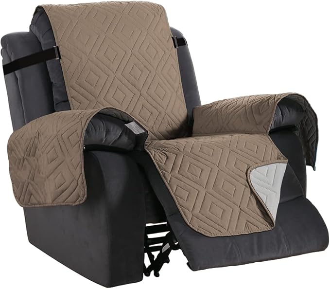 H.VERSAILTEX Reversible Quilted Recliner Covers Water Resistant Furniture Protector for Reclienr Chair with Elastic Straps for Pets Kids Sitting Width Up to 22"(Recliner, Taupe Brown/Beige)
