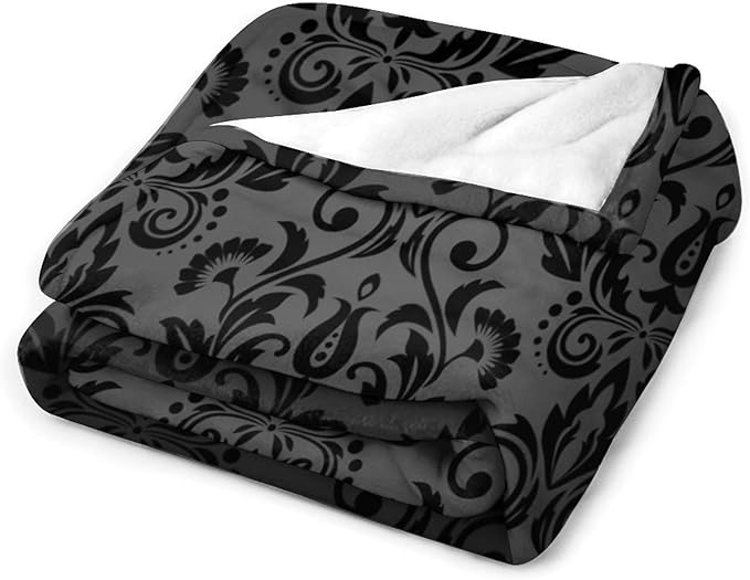Black Damask Blanket, Antique Victorian Style Gothic Vintage Black Floral Bohemian Exotic Print Blanket for Sofa Bed Decor Fuzzy Blanket Twin, 30"x40"