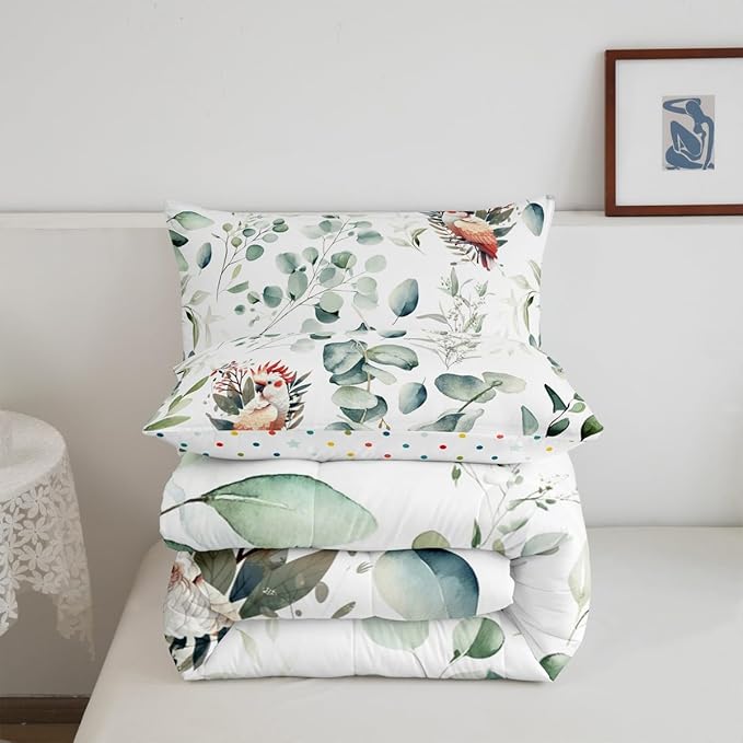Erosebridal Cartoon Animal King Bedding Sets for Kids Toddler Kawaii Parrot Comforter Set, Wild Bird Duvet Insert Cute Wildlife Down Comforter, Botanical Green Eucalyptus Bedding Comforter Sets