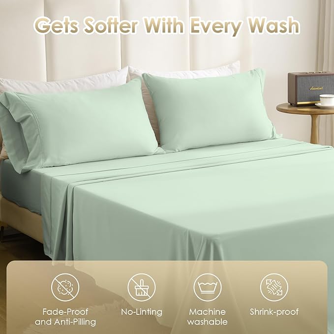 Twin XL Sheet Set - Luxury 3 Piece Silky Soft Breathable Cooling Microfiber Sheets, 16" Deep Pocket Easy Care Wrinkle Free Bedding Sheet and Pillowcase Set, Sage Green