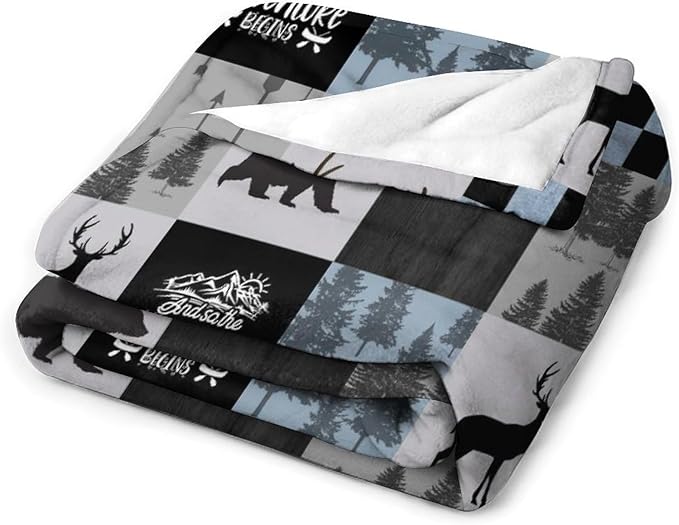 Bear Cabin Plaid Blanket, Rustic Retro Bear Deer Patchwork Gray Blue Farmhouse Throw Blanket for Couch Bed Living Room, 30"x40"