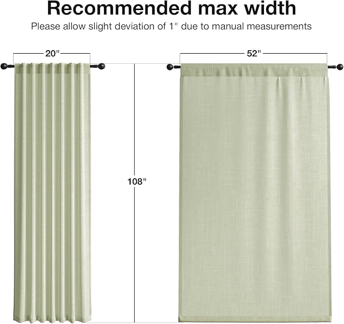 Anmao Natural Linen Curtains for Living Room 108 Inch Length 2 Panels Set, Light Filtering Semi Sheer Window Curtain Drapes for Bedroom with Curtain Rings and Clips, 52 Inch Wide Each Panel, Sage
