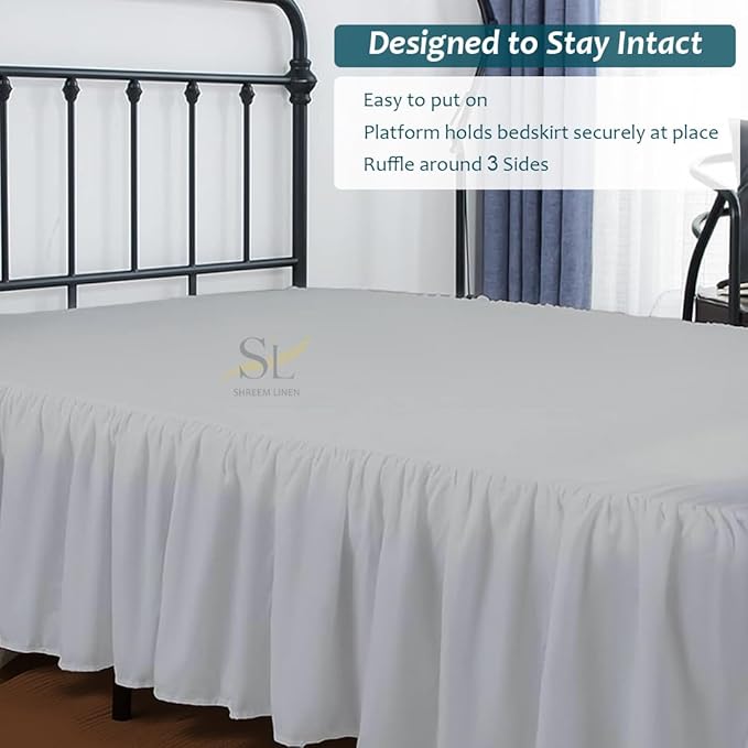 Shreem Linen Ruffled Bed Skirt with Split Corners, Gathered Style, 100% Microfiber, 15-Inch Drop, Dust Ruffle Bedskirt with Platform, King, Light Grey