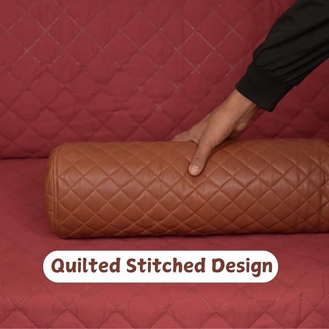 Neck Roll Pillow Cushion Cover, 22x6 Inch Full Moon Round Bolster Pillow Case, Cylinder Soft Lambskin Leather Pillowcase for Head, Spine & Neck Support During Sleep - Quilted Brown Pack of 1