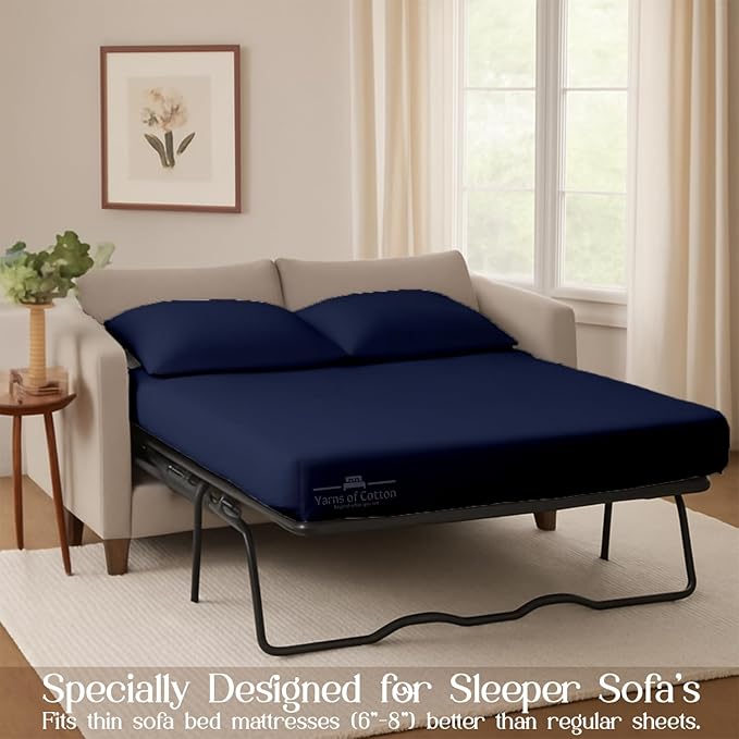 Sleeper Sofa 4 Piece Bed Sheet Set Premium Quality 100% Cotton 500 Thread Count, Smooth & Super Soft Sateen Weave, Extra Soft Bed Sheets, Wrinkle Free, 4 Inch Deep Pocket (Twin, Navy)