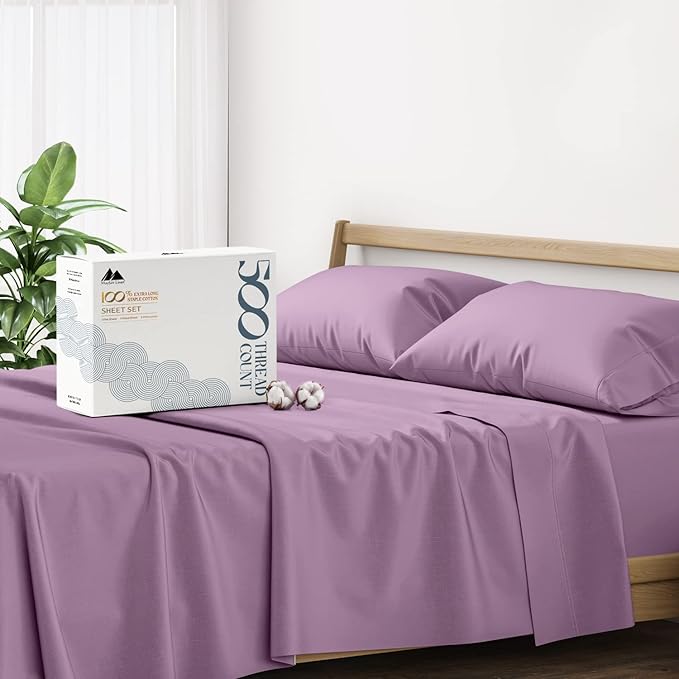 Mayfair Linen 500 Thread Count 100% Cotton Sheets King Size Bed Set - 4 PC King Bed Sheet Set Cotton (Plum), Soft, Cooling, Sateen Weave 16" Deep Pocket Bedsheet for Hot Sleepers (Fits 18" Mattress)