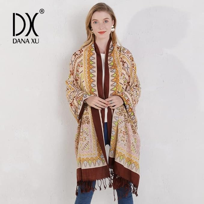 DANA XU 100% Merino Wool Pashmina Shawl for Women 96"x43", Oversized Cashmere Wrap with Tassels, Floral Travel Blanket Cape