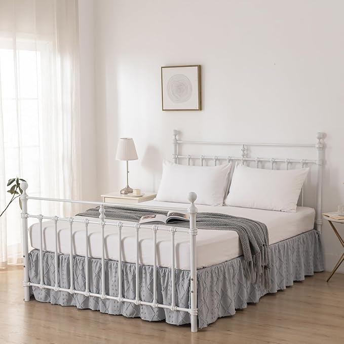 Bed Skirt King Size Ruffled Bed Skirt with Split Corners, 14 Inch Drop Dust Ruffle Bed Skirts with Platform, Boho Tufted Shabby Chic Full Size Bed Skirts, Light Grey