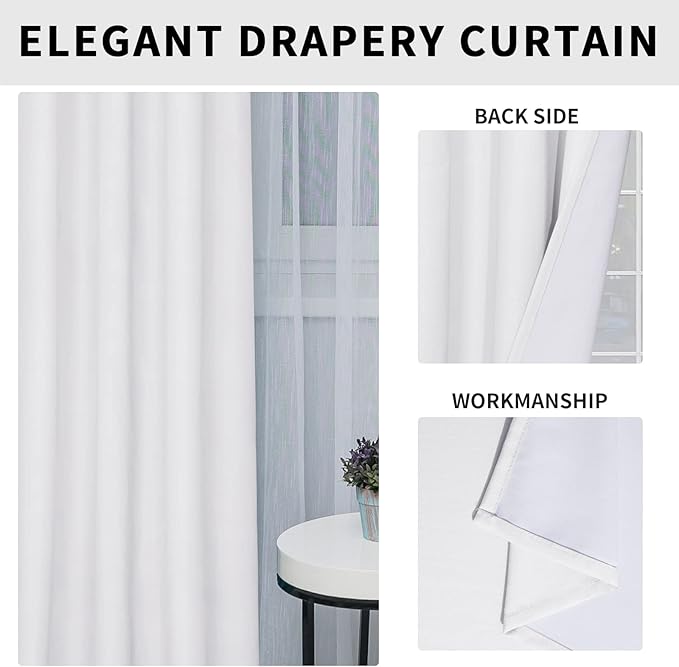Easy-Going Linen Look 100% Blackout Curtain 52x63 Inch Window Curtain Drapes for Bedroom, Living Room Thermal Insulated Room Darkening (Set of 2 Panels, White)