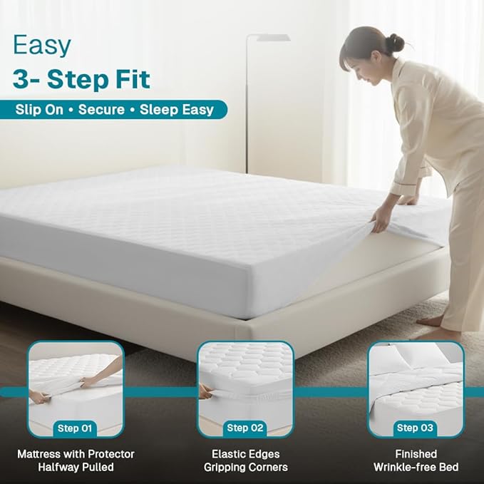 FABDREAMS Organic Quilted Mattress Protector Twin Size | Mattress Pad| Mattress Cover| Naturally Breathable | Noiseless| Fits up to 17" Deep Pockets| Temperature Regulating | Twin | White