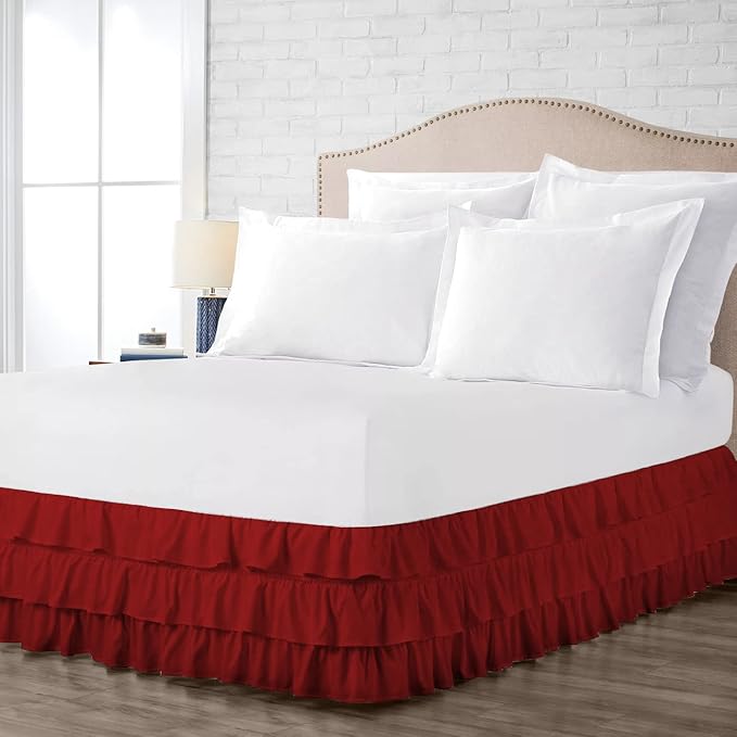 Multi-Ruffle Bed Skirt, Soft Multi Elastic Dust Ruffles with Wrap Around Bed Skirt Easy Fit with 18 Inch Drop 100% Cotton 800 Thread Count (King, Burgundy)