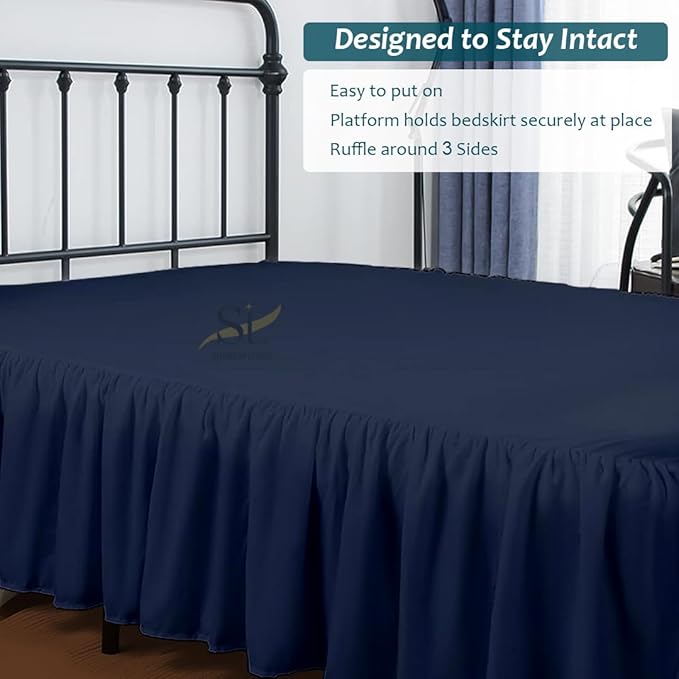 Shreem Linen Ruffled Bed Skirt with Split Corners, Gathered Style, 100% Microfiber, 30-Inch Drop, Dust Ruffle Bedskirt with Platform, Queen-XL, Navy Blue