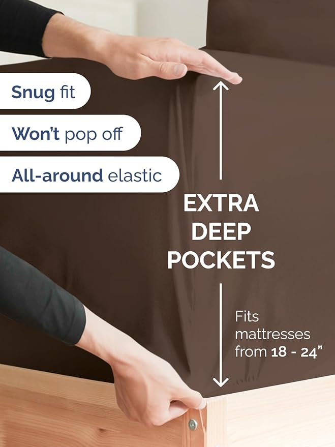 Extra Deep Twin XL Fitted Sheet - Hotel Luxury Single Fitted Sheet Only - Easily Fits 18 inch to 24 inch Mattress - Ultra Soft, Wrinkle & Fade Free w/Extra Deep Pockets - Breathable & Comfy - Brown