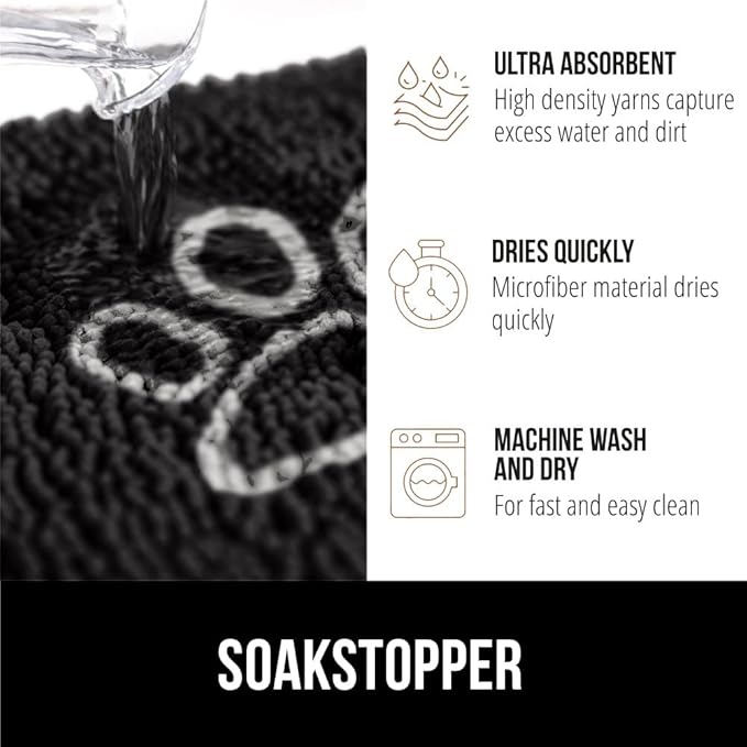 GORILLA GRIP SOAKSTOPPER Dog Door Mat, Machine Washable Rug Absorbent Doormat Captures Moisture Mud Dirt, Quick Dry Soft Chenille Entryway Rugs Indoor Entrance Mats for Dog Paws, 24x17 Black White