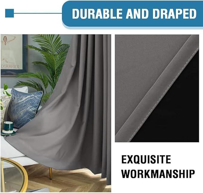 H.VERSAILTEX 100% Blackout Curtains for Bedroom Thermal Insulated Blackout Curtains 108 inch Length Heat and Full Light Blocking Curtains for Living Room with Black Liner 2 Panels Set, Grey