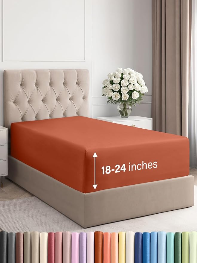 Extra Deep Twin XL Fitted Sheet - Hotel Luxury Single Fitted Sheet Only - Easily Fits 18 inch to 24 inch Mattress - Ultra Soft, Wrinkle Free with Extra Deep Pockets - Breathable & Comfy - Terracotta