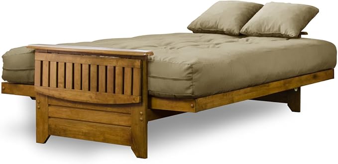 Nirvana Futons Brentwood Tray Arm Futon Sofabed Set - Full Frame, 8" Thick Khaki Mattress, Rich Heritage Finish