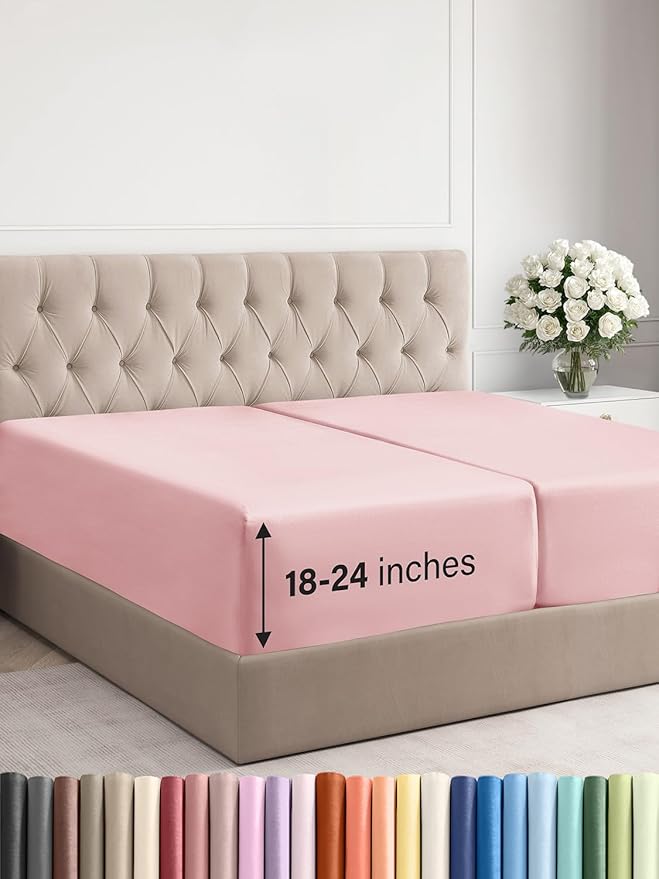 Extra Deep Split King Fitted Sheet - Hotel Luxury Single Fitted Sheet Only - Easily Fits 18 inch to 24 inch Mattress - Ultra Soft, Wrinkle Free w/Extra Deep Pockets - Breathable & Comfy - Baby Pink