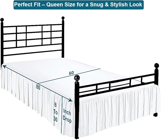 Shreem Linen Ruffled Bed Skirt with Split Corners, Gathered Style, 100% Microfiber, 15-Inch Drop, Dust Ruffle Bedskirt with Platform, Queen, White
