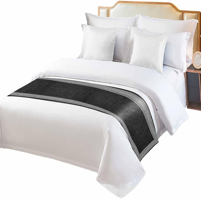 Greece Key Design Black White Bed Runners for Bedroom Hotel,Decorative Bedding Scarf Vintage Burlap Linen Bed End Blanket Bedding Runner Scarves for King Size Bed,102x20in