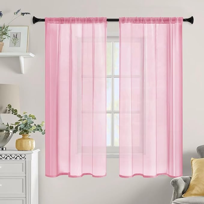 Sheer Curtains 63 Inches Long 2 Panels, Rod Pocket Short Curtain for Kitchen, Bedroom, Cafe Window(Pink 38" W x 63" L)