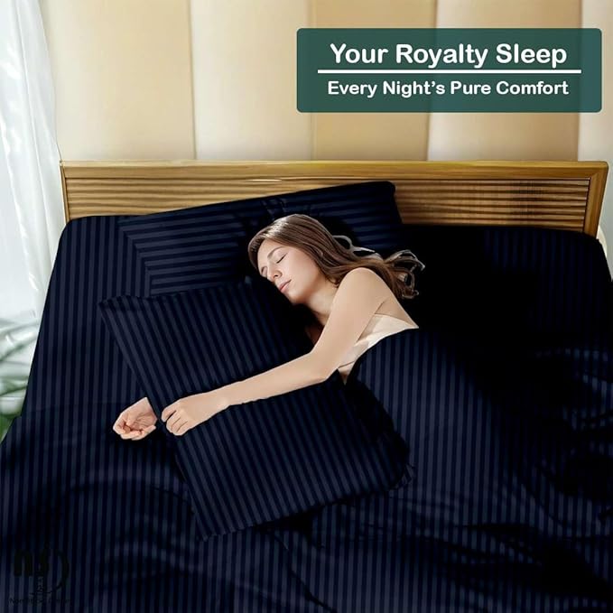 NON Sticky cotton Full Size Sleeper Sofa Sheets, 4 Piece Egyptian Cotton Bed Sheet Set for Sofa Bed, 6" Deep Pocket Fitted Sheet for Pull Out Couch Mattress, 54" x 75", Navy Blue Stripe