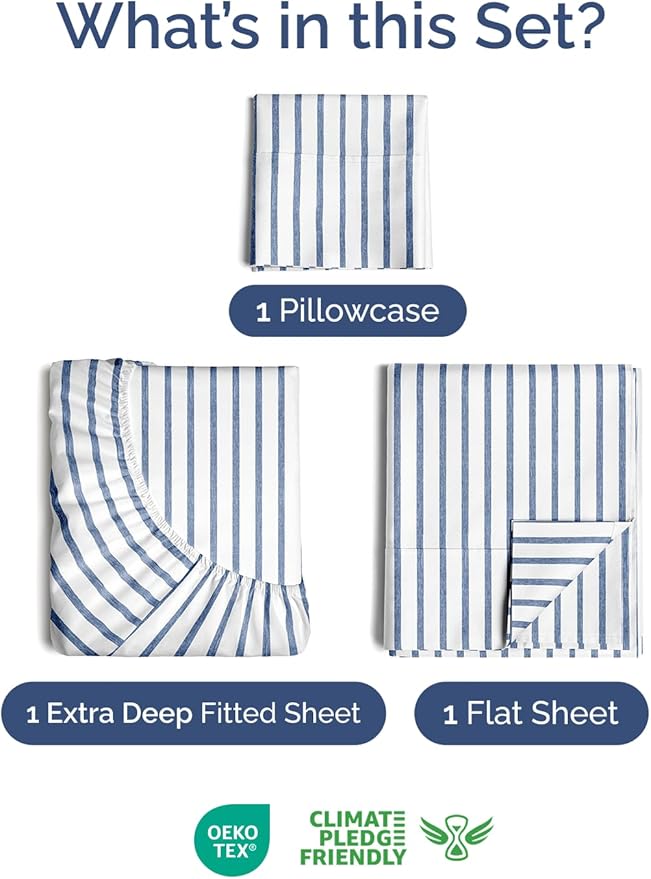 Extra Deep Pocket Twin XL Sheets - 3 Piece Breathable & Cooling Bed Sheets - Hotel Luxury Bed Sheet Set - Soft, Wrinkle Free & Comfy - Easily Fits Extra Deep Mattresses - Blue Striped Sheets Set