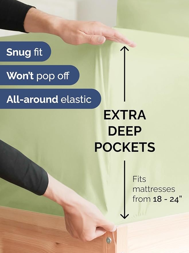 Extra Deep Twin XL Fitted Sheet - Hotel Luxury Single Fitted Sheet Only - Easily Fits 18 to 24 inch Mattress - Ultra Soft, Wrinkle Free with Extra Deep Pockets - Breathable & Comfy - Light Sage Green