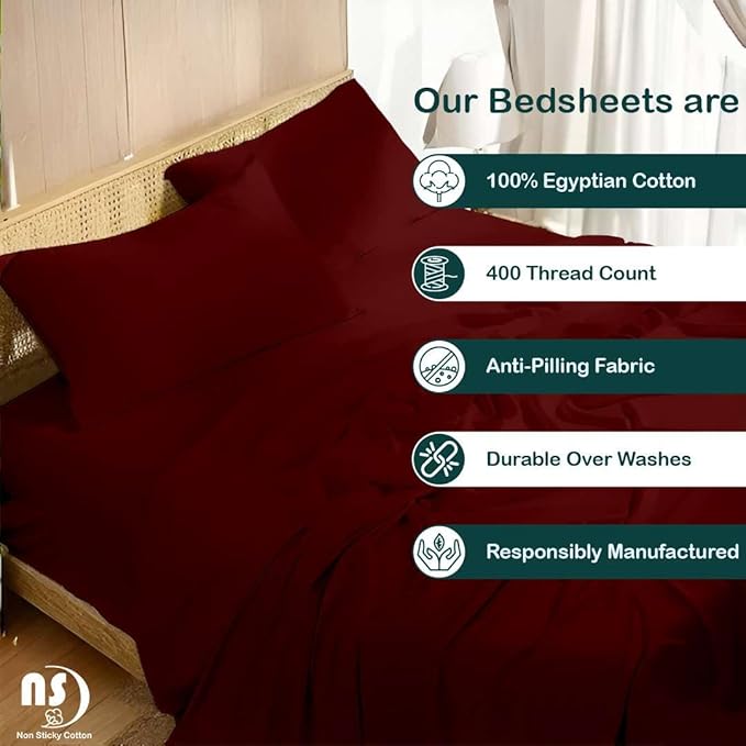 NON Sticky cotton Full Size Sleeper Sofa Sheets, 4 Piece Egyptian Cotton Bed Sheet Set for Sofa Bed, 6" Deep Pocket Fitted Sheet for Pull Out Couch Mattress, 54" x 75", Burgundy Solid