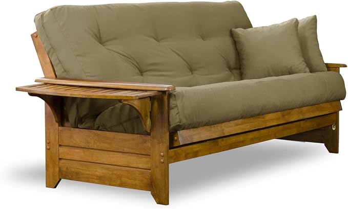 Nirvana Futons Brentwood Tray Arm Futon Sofabed Set - Full Frame, 8" Thick Khaki Mattress, Rich Heritage Finish