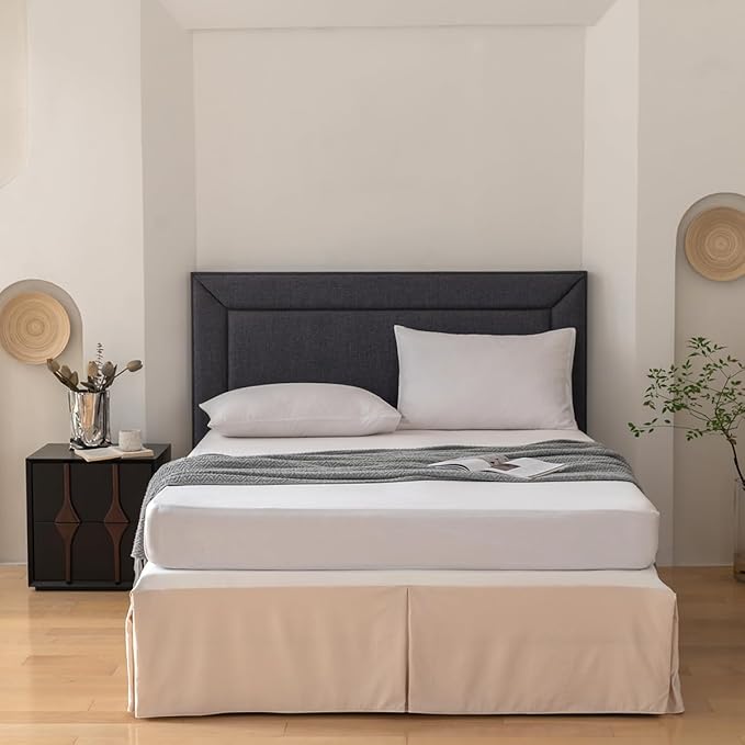 King Bed Skirt, Grid Plaid Soft Quadruple Pleated Ruffle Bed Skirt, Tailored Dust Ruffle 18 Inch Drop Easy Fit, Machine Washable (Beige)