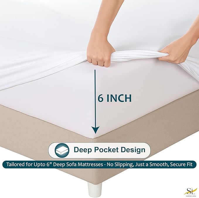 Luxury Queen Sleeper Sofa Bed Sheet Set,100% Egyptian Cotton, 338 Thread Count, Queen Size (60 x74 +6 Inch Deep Pocket) Soft and Light Weight 4pcs Sofa Set (White Solid)
