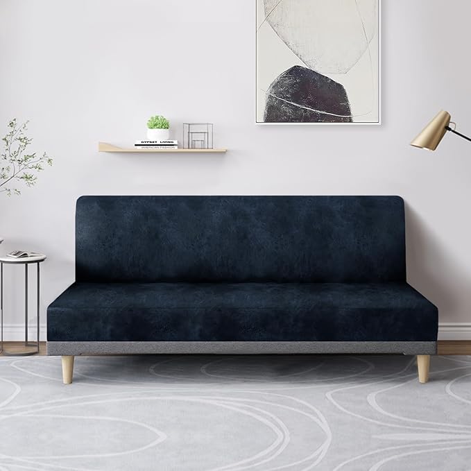 molasofa Leather Like Stretch Futon Slipcover Armless Futon Bed Sofa Cover Furniture Protector with Elastic Bottom, Soft and Washable Futon Cover for Sofa Bed Stay in Place（Medium, Navy Blue）