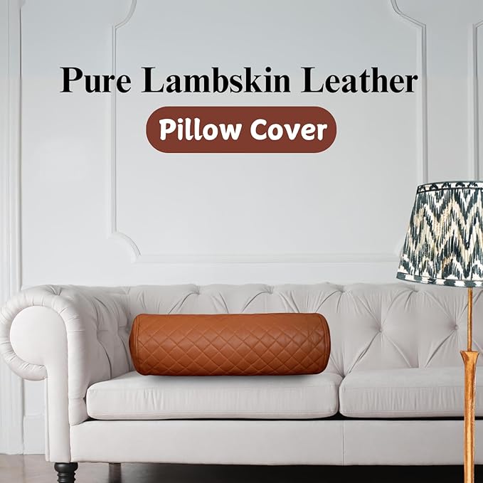 Neck Roll Pillow Cushion Cover, 24x5 Inch Full Moon Round Bolster Pillow Case, Cylinder Soft Lambskin Leather Pillowcase for Head, Spine & Neck Support During Sleep - Quilted Tan Pack of 1