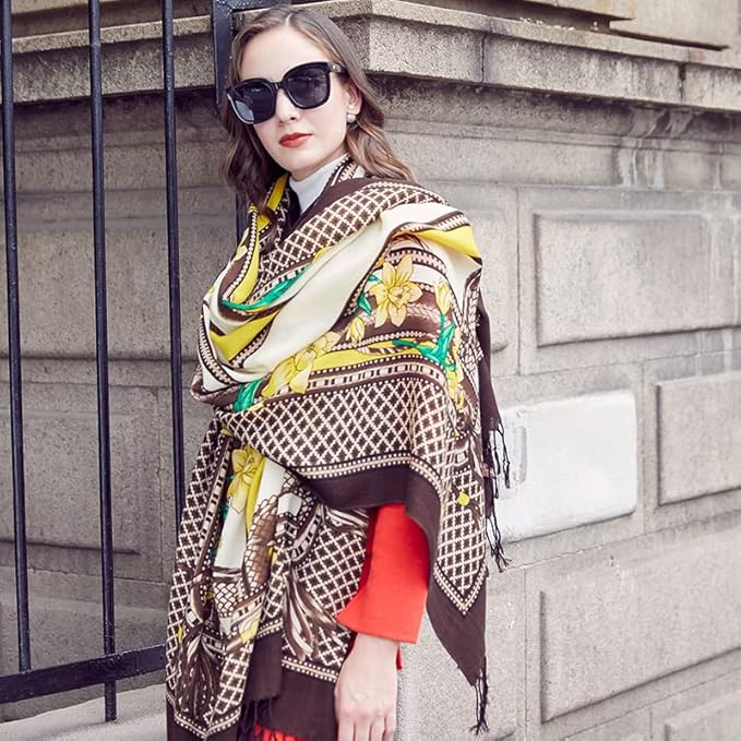 DANA XU 100% Merino Wool Extra Large Pashmina Blanket Travel Scarf Cashmere Wrap for Women Fall Winter Oversize Shawl Floral