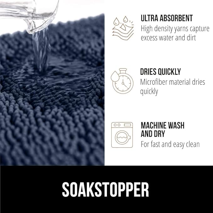 GORILLA GRIP SOAKSTOPPER Dog Door Mat, 30x20 Machine Washable Rug Absorbent Doormat Captures Moisture Mud Dirt, Quick Dry Soft Chenille Entryway Rugs Indoor Entrance Mats for Dog Paws, Navy Blue