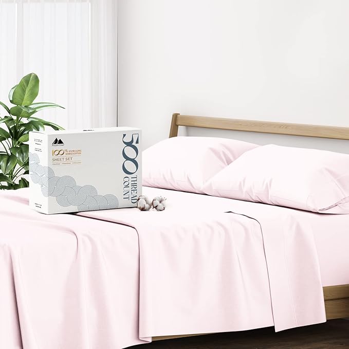 Mayfair Linen 500 Thread Count California King Cotton Sheets - 4 PC Cal King Size Bed Sheet Set Cotton (Blush), Cooling, Sateen Weave 16" Deep Pocket Bedsheet for Hot Sleepers (Fits 18" Mattress)