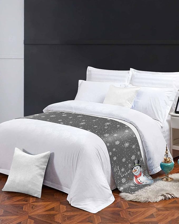 Christmas Snowman Winter Snowflakes Bed Runners for Bedroom Hotel,Decorative Bedding Scarf Gray White Bed End Blanket Bedding Runner Scarves for King Size Bed,102x20in