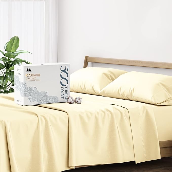 Mayfair Linen 500 Thread Count California King Cotton Sheets - 4 PC Cal King Size Bed Sheet Set Cotton (Sand), Soft, Cooling, Sateen Weave 16" Deep Pocket Bedsheet for Hot Sleepers (Fits 18" Mattress)