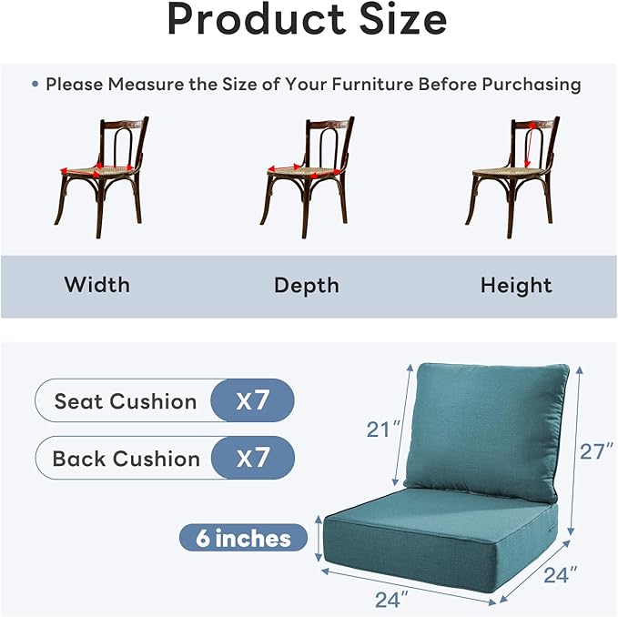 6" Thicker Outdoor Chair Cushion 7 Sets - 24" *24" *6" Waterproof Patio Furniture Cushions with Removable Cover, 28D High Density Sponge Filling Thicken Outdoor Patio Cushions - Peacock Blue