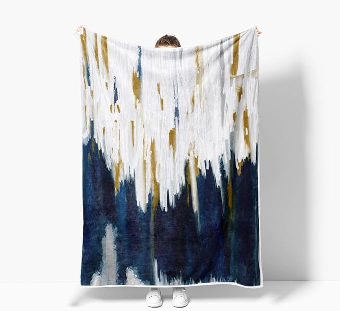 Abstract Ombre Throw Blankets, Modren Chic Art Oil Painting Cozy Warm Bed Couch Blanket, Blue Gold White Fleece Flannel Throws to Decorate The Room and Bedroom
