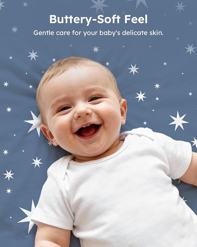 Pack and Play Sheets Fitted 3 Pack, Mini Crib Sheets for Pack N Play Mattress Stretchy Portable Playard Sheets, Soft Breathable Grey & Blue Moon