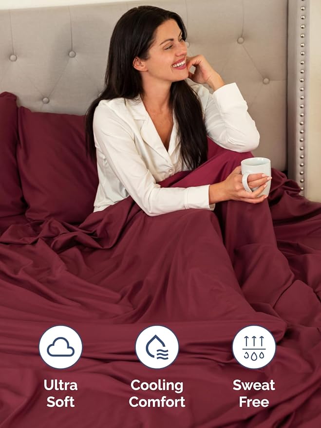 Extra Deep Pocket Split King Sheets - 5 Piece Breathable & Cooling Bed Sheets - Hotel Luxury Sheet Set - Soft, Wrinkle Free & Comfy - Easily Fits Extra Deep Mattresses - Deep Pocket Burgundy Sheets