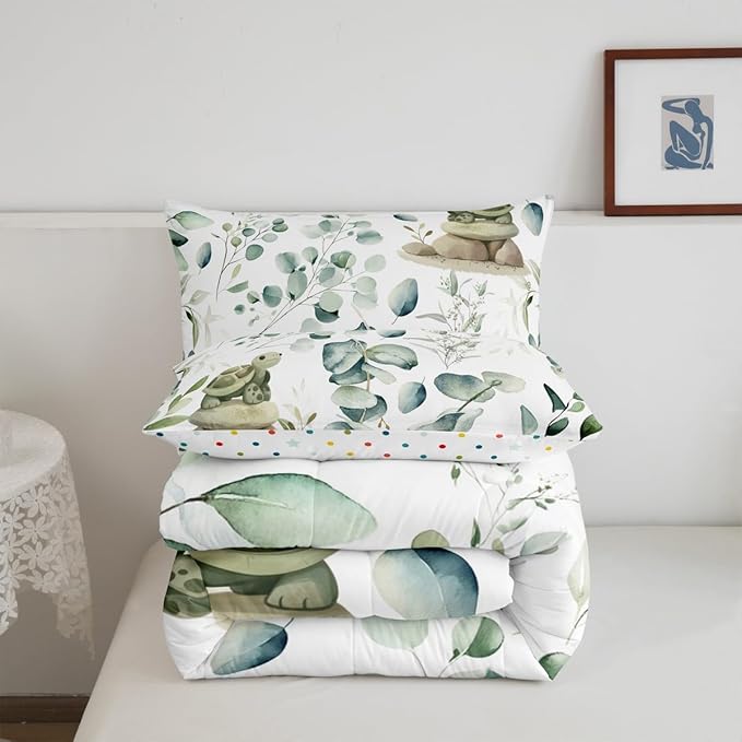 Erosebridal Kawaii Turtle Toddler Comforter Set for Boys Girls Cartoon Animal Bedding Set Toddler, Eucalyptus Leaves Bedding Comforter Sets Marine Wildlife Duvet Set, Tropical Plants Quilted Comforter