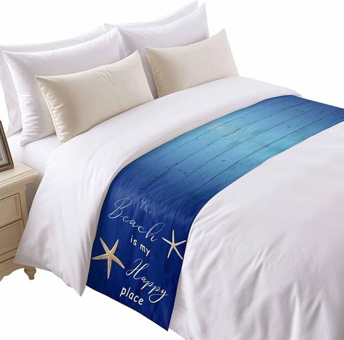 Happy Beach Place Marine Starfish Bed Runner for Bedroom Hotel, Decorative Bedding Scarf Gradient Blue Wood Grain End Blanket Runner for California King Size, 102x20in