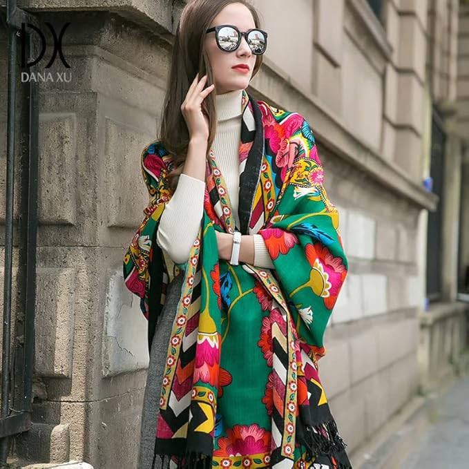 DANA XU 100% Merino Wool Pashmina Shawl for Women 96"x43", Oversized Cashmere Wrap with Tassels, Floral Travel Blanket Cape