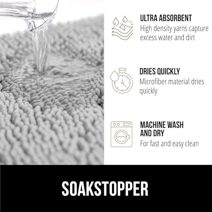 GORILLA GRIP SOAKSTOPPER Dog Door Mat, Machine Washable Rug Absorbent Doormat Captures Moisture Mud Dirt, Quick Dry Soft Chenille Entryway Rugs Indoor Entrance Mats for Dog Paws, 24x17 Light Gray
