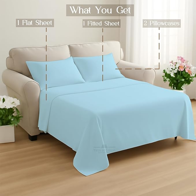 Sleeper Sofa 4 Piece Bed Sheet Set Premium Quality 100% Cotton 500 Thread Count, Smooth & Super Soft Sateen Weave, Extra Soft Bed Sheets, Wrinkle Free, 8 Inch Deep Pocket (Queen, Light Blue)