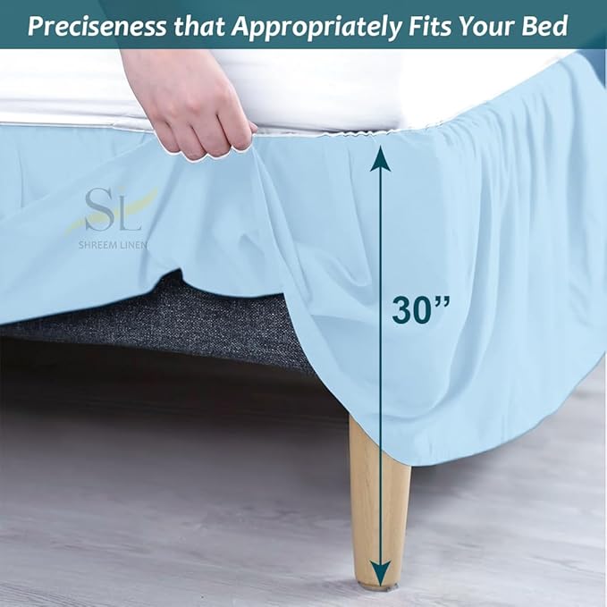 Shreem Linen Ruffled Bed Skirt with Split Corners, Gathered Style, 100% Microfiber, 30-Inch Drop, Dust Ruffle Bedskirt with Platform, Twin-XXL, Light Blue